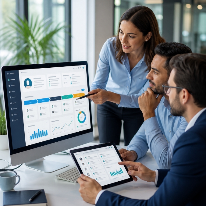 CRM delivery team reviewing customer data sales pipeline analytics and workflow dashboards