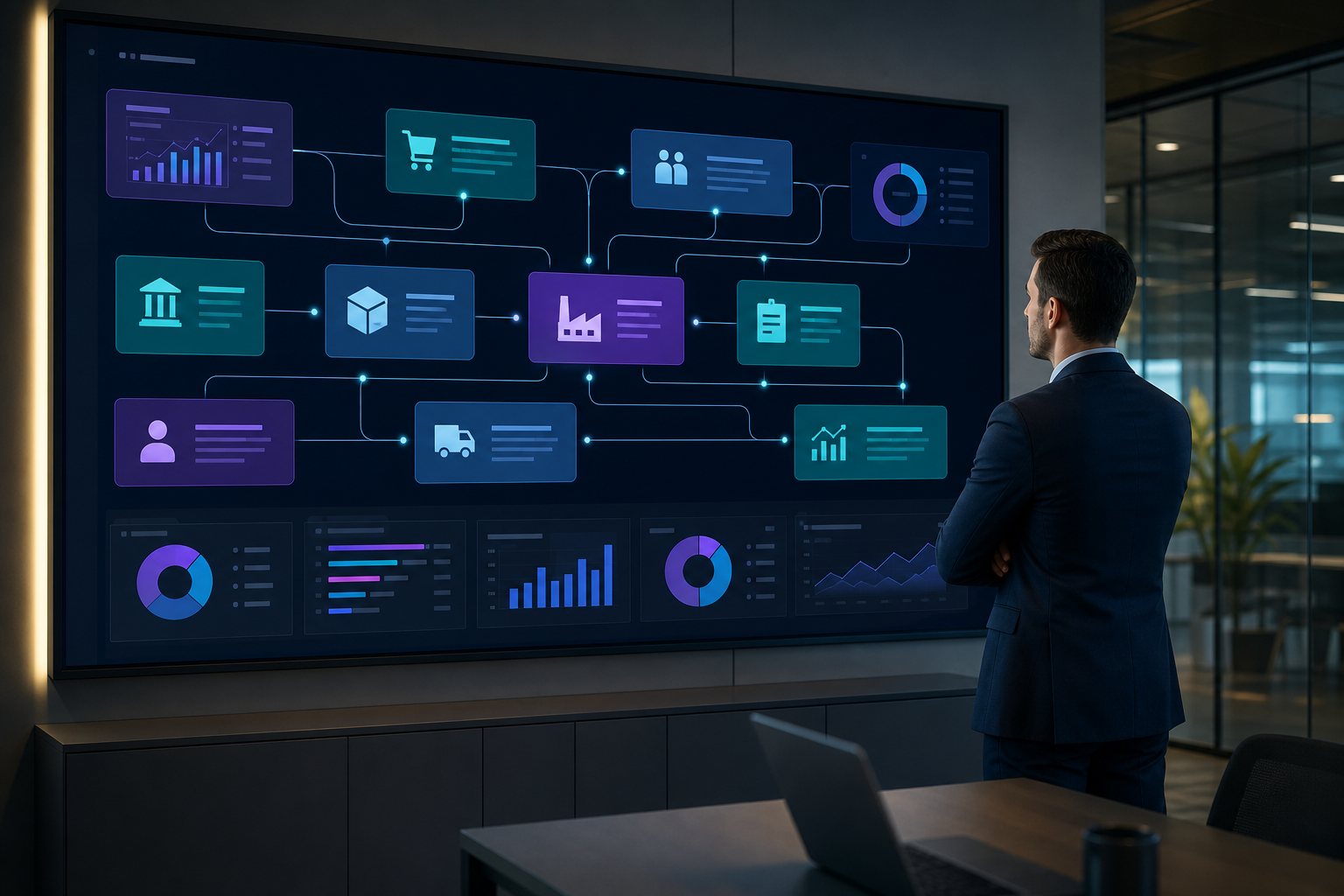 Connected ERP software architecture for finance supply chain inventory manufacturing and analytics