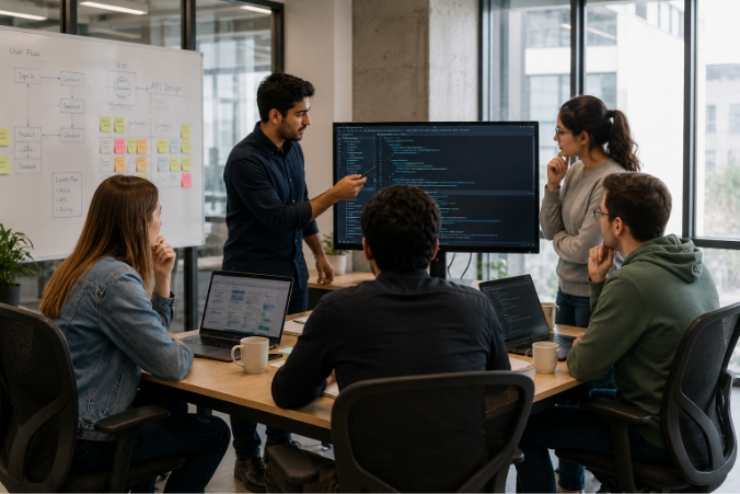Software product development team designing and engineering a scalable product