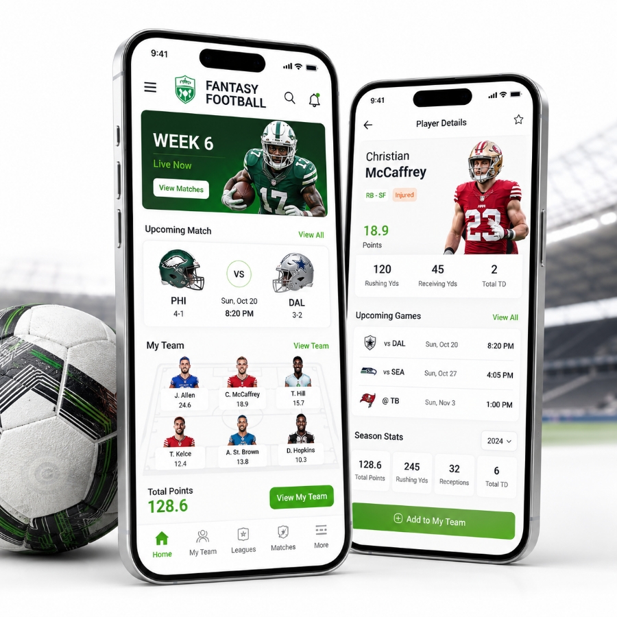 Custom fantasy football app development planning and mobile app interface