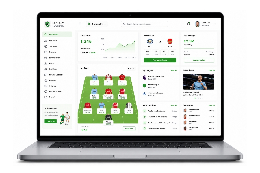 Fantasy football player panel with team builder drafts contests live NFL scores wallet and notifications