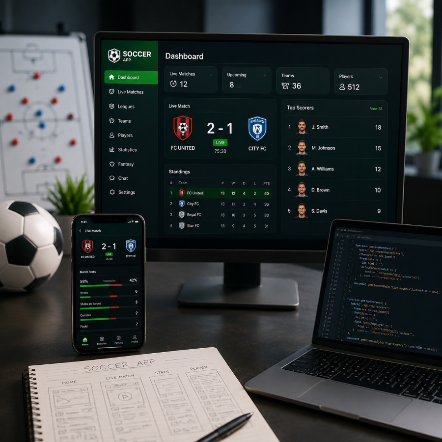 Custom soccer app development services for fantasy live score and sports apps