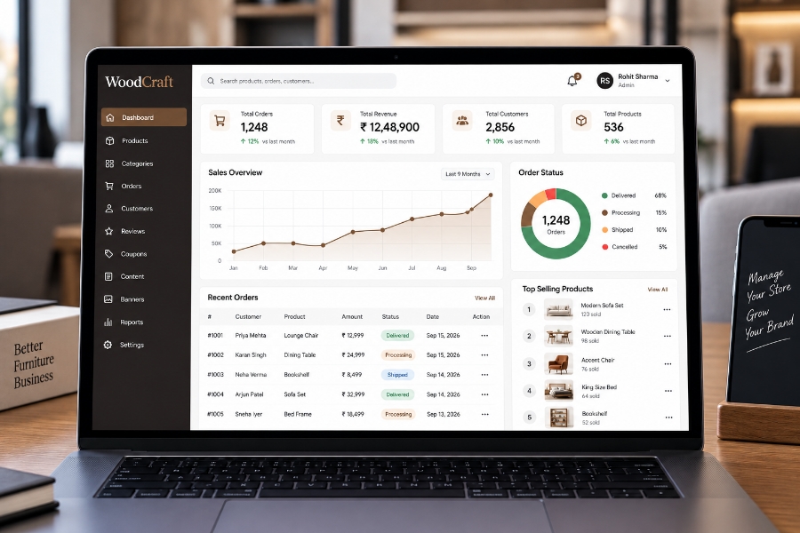 Furniture ecommerce admin dashboard for orders delivery and business analytics