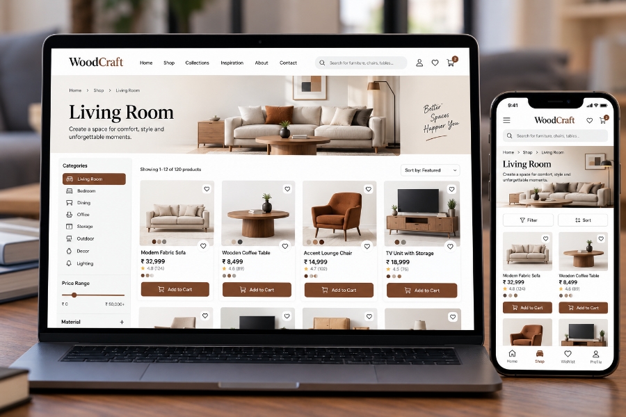Furniture ecommerce customer storefront with product discovery and configuration options