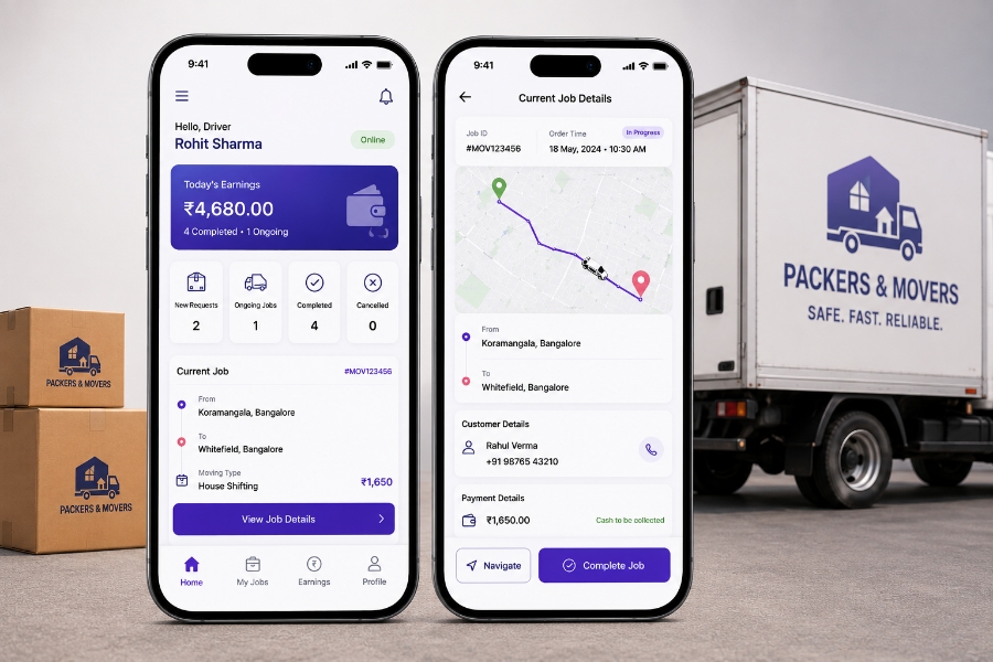 Driver panel with GPS tracking for packers and movers app development
