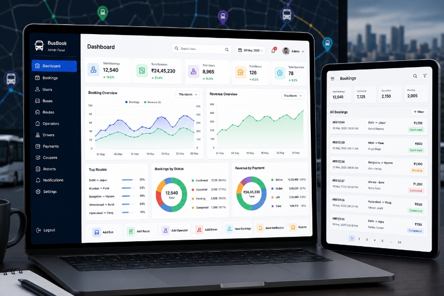 Admin dashboard for online bus booking app development with users payments analytics and role management