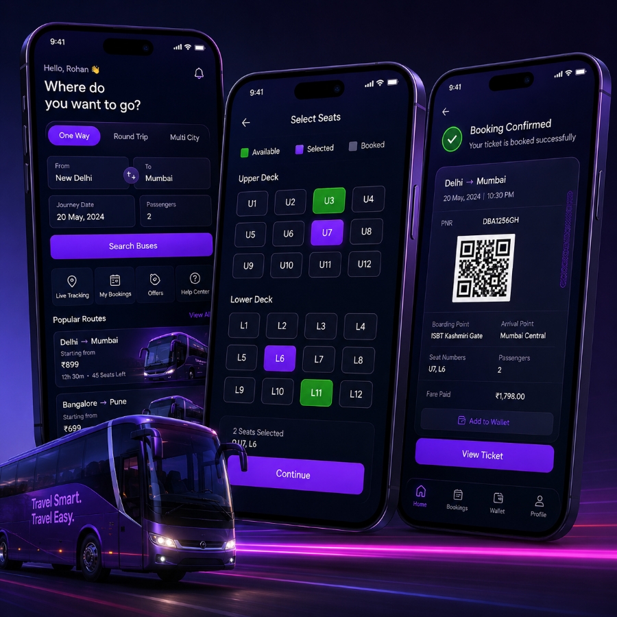 Bus booking app development company building mobile ticket booking app with seat selection and live GPS tracking