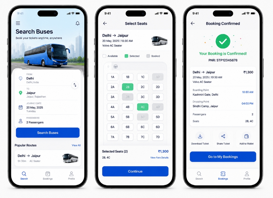 Passenger app screens for bus booking app development with seat selection and live GPS tracking