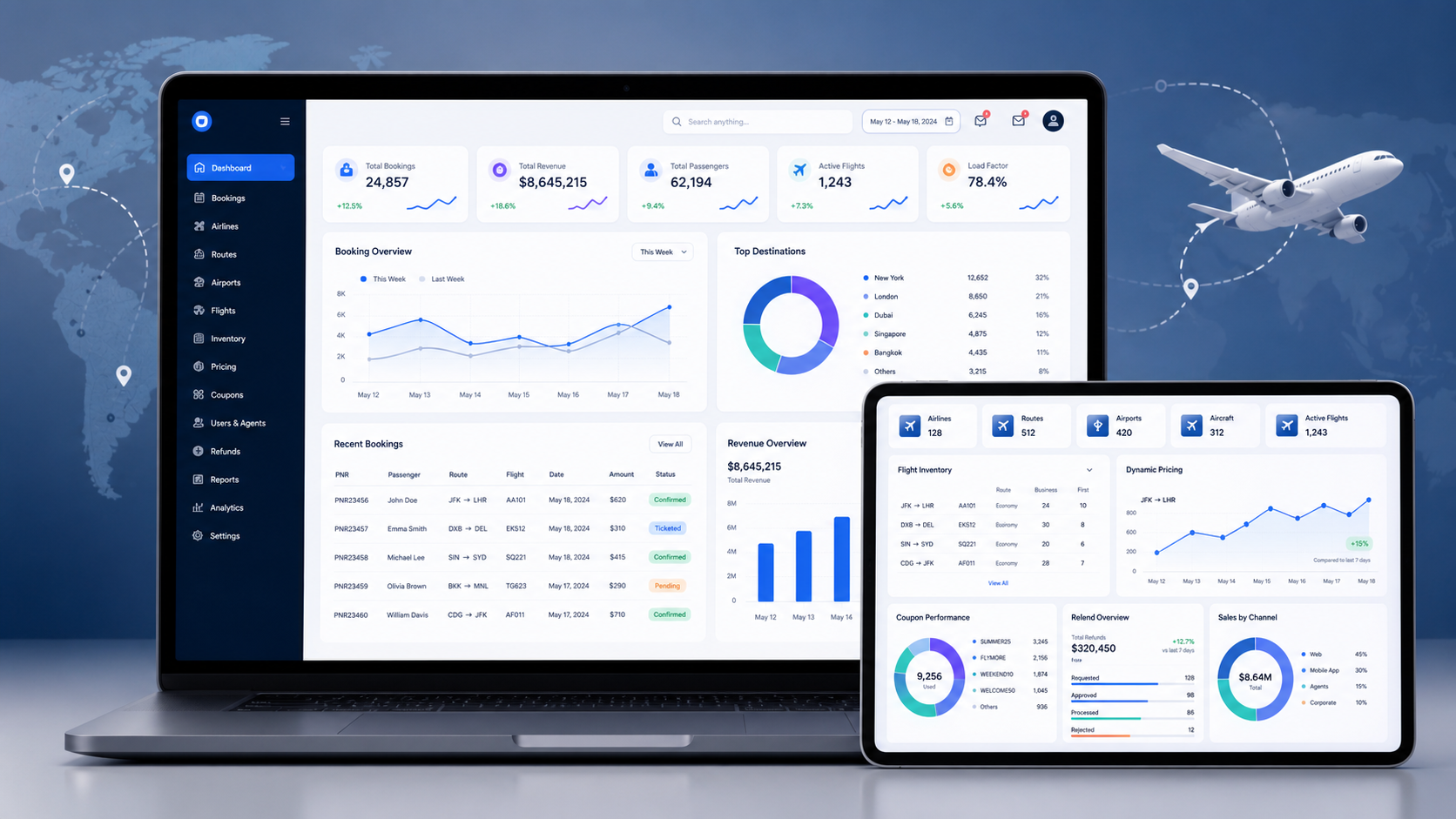 Admin panel for flight booking platform with airline management bookings refunds and analytics