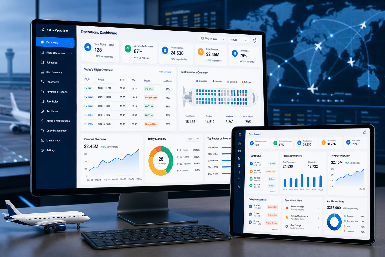 Airline dashboard for flight booking software with schedules seat inventory passengers and revenue reports
