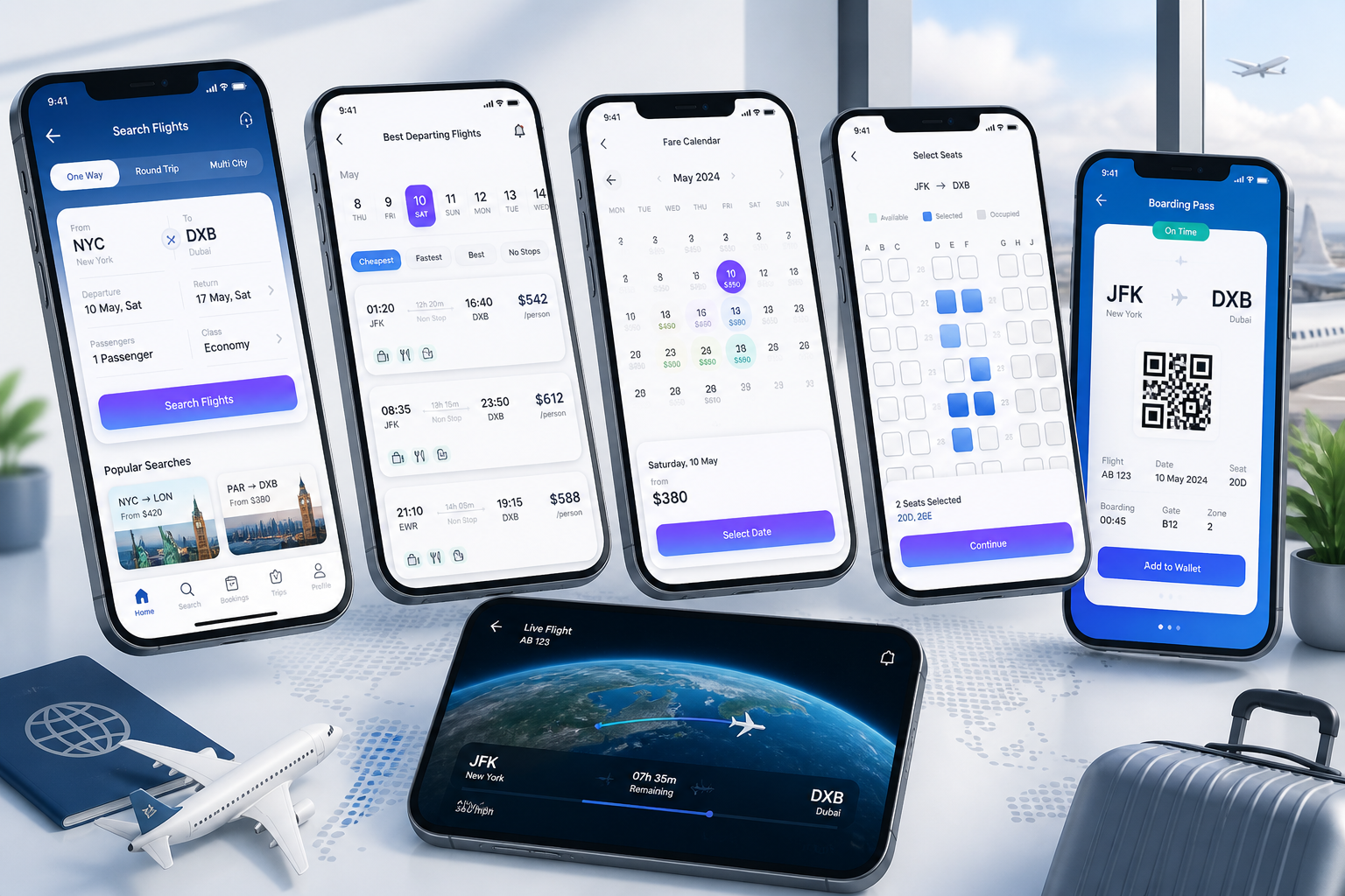 Passenger app panel for flight booking app development with search seat selection and boarding pass