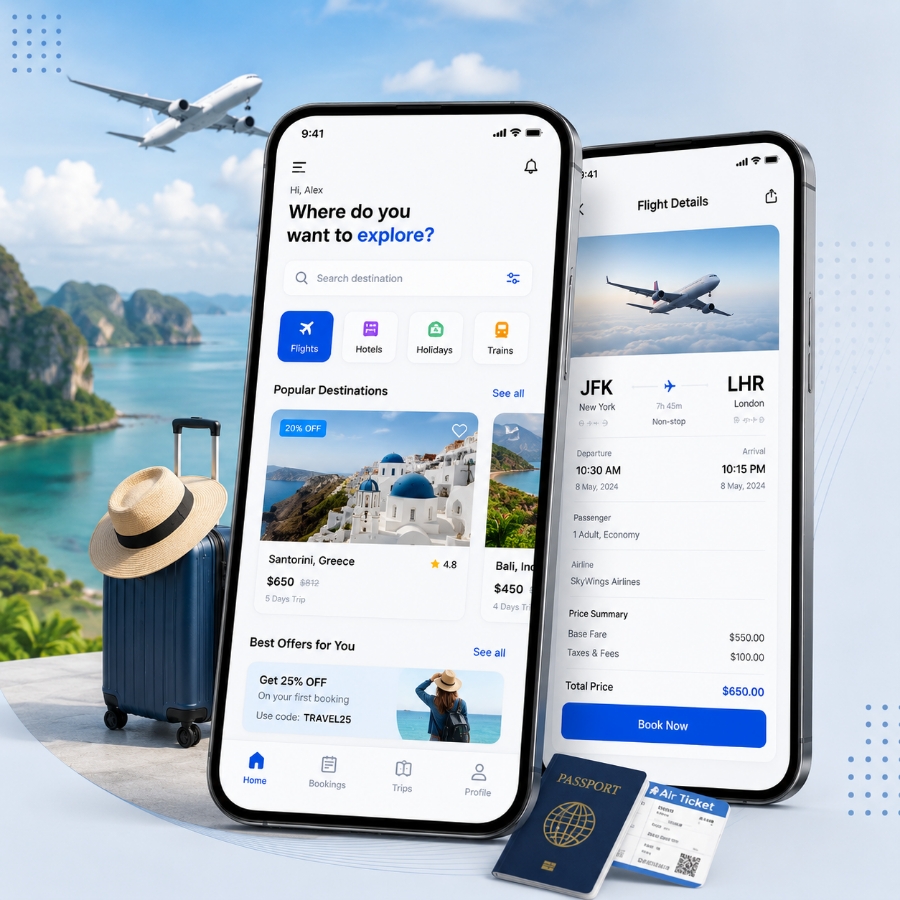 Custom travel app development company building booking apps, OTA platforms and travel portals