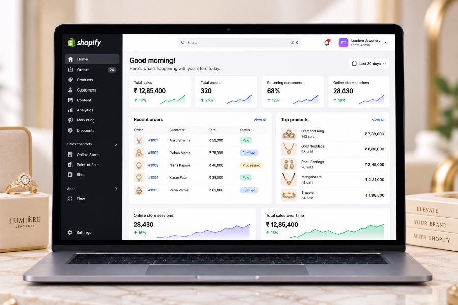 Jewellery admin dashboard for orders payments and conversion analytics