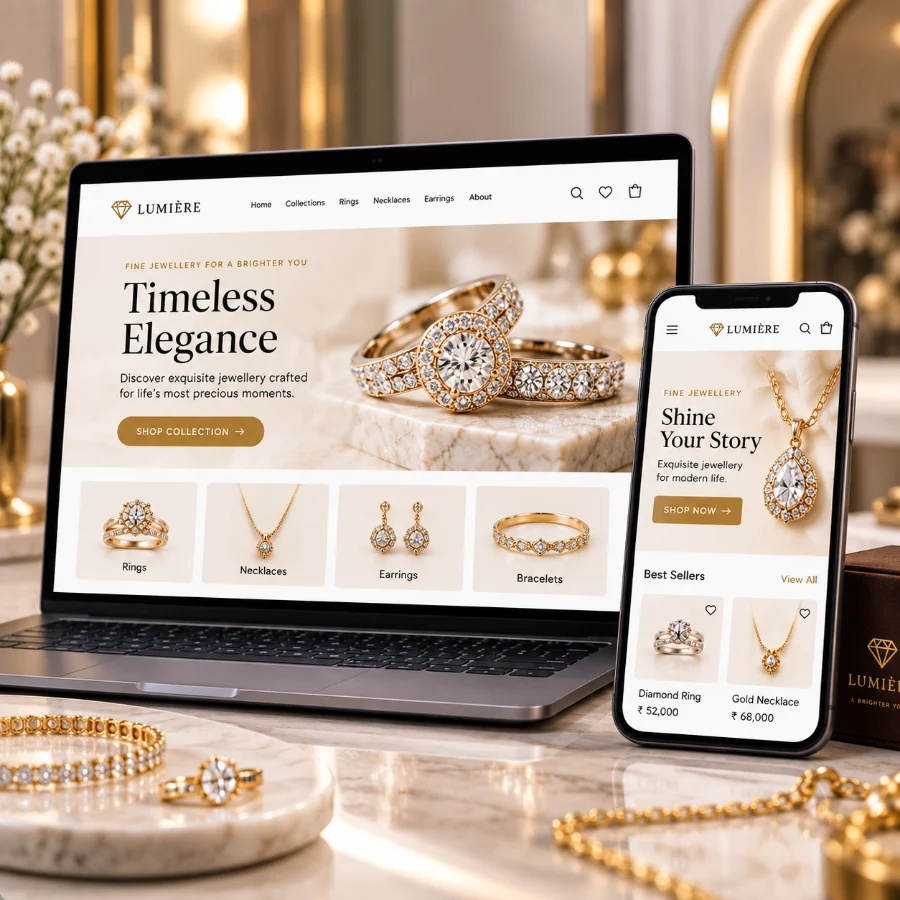 Realistic jewellery ecommerce storefront shown on a laptop and mobile phone