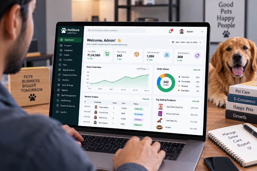 Pet ecommerce admin dashboard for orders, fulfilment, and sales analytics