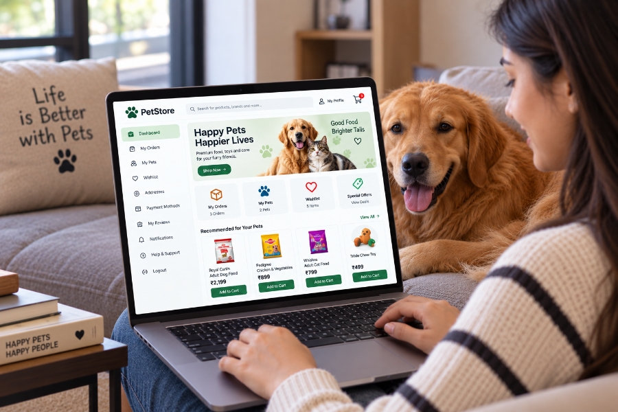 Pet shop ecommerce customer storefront with product discovery and repeat ordering