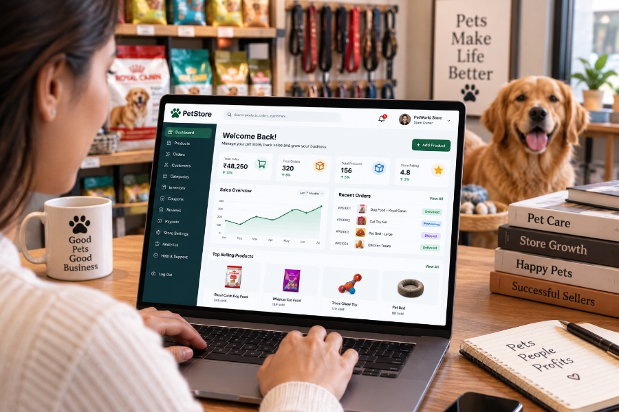 Pet shop store manager platform for product, stock, and order operations