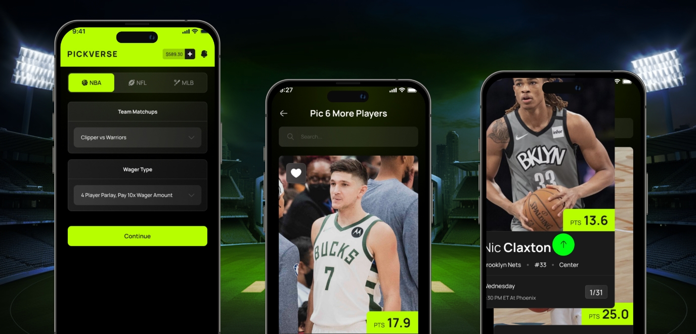 PICKVERSE multi-sport player picks mobile app screens