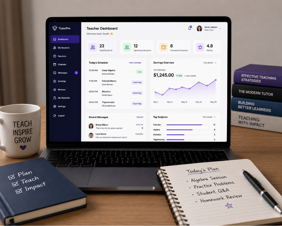 Teacher panel features in online tutoring app development