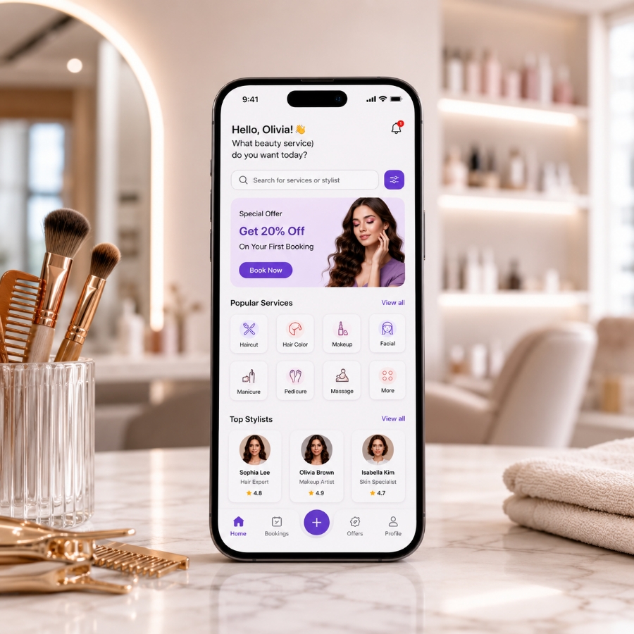 Salon management software dashboard for bookings staff and business analytics