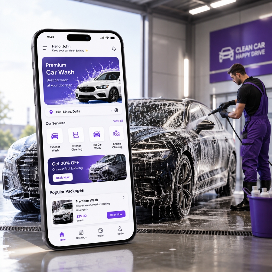 Custom car wash app development services for booking payments and doorstep washing