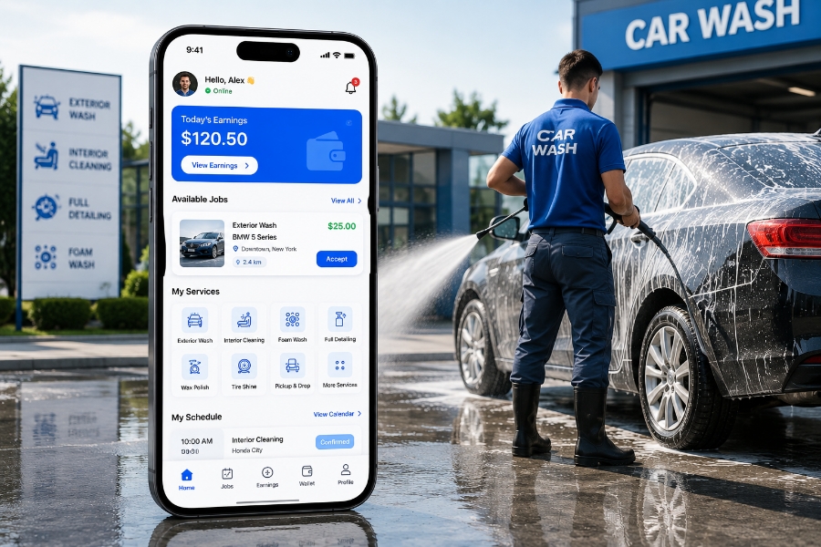 Washer app features for doorstep car wash app development
