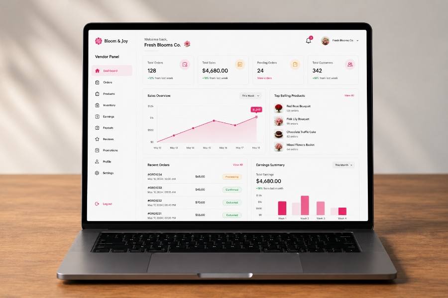 Florist and bakery vendor panel for delivery app development