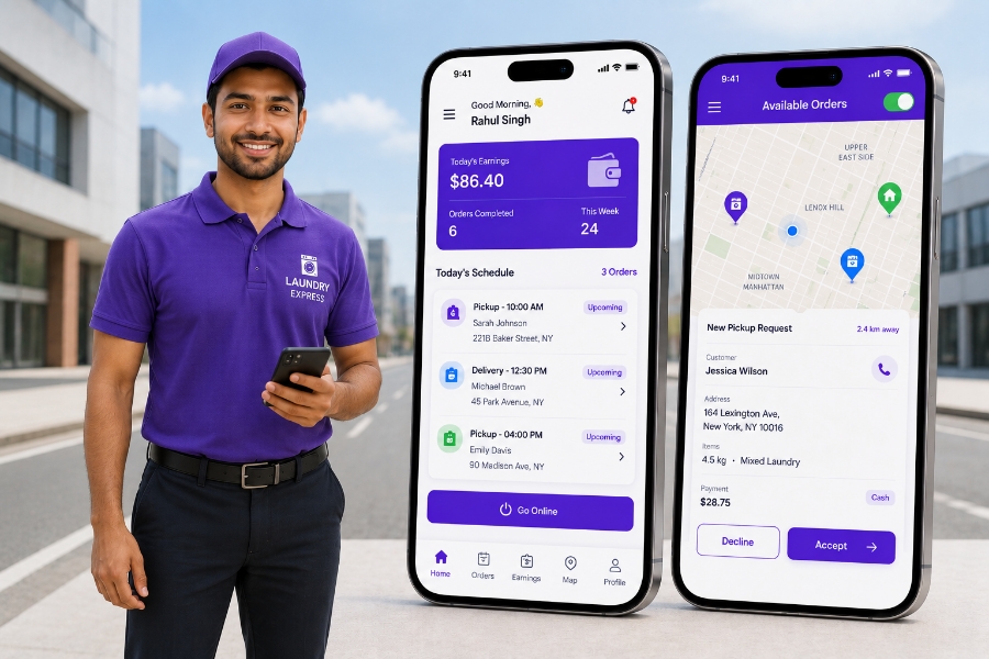 Driver app features for laundry pickup and delivery tracking